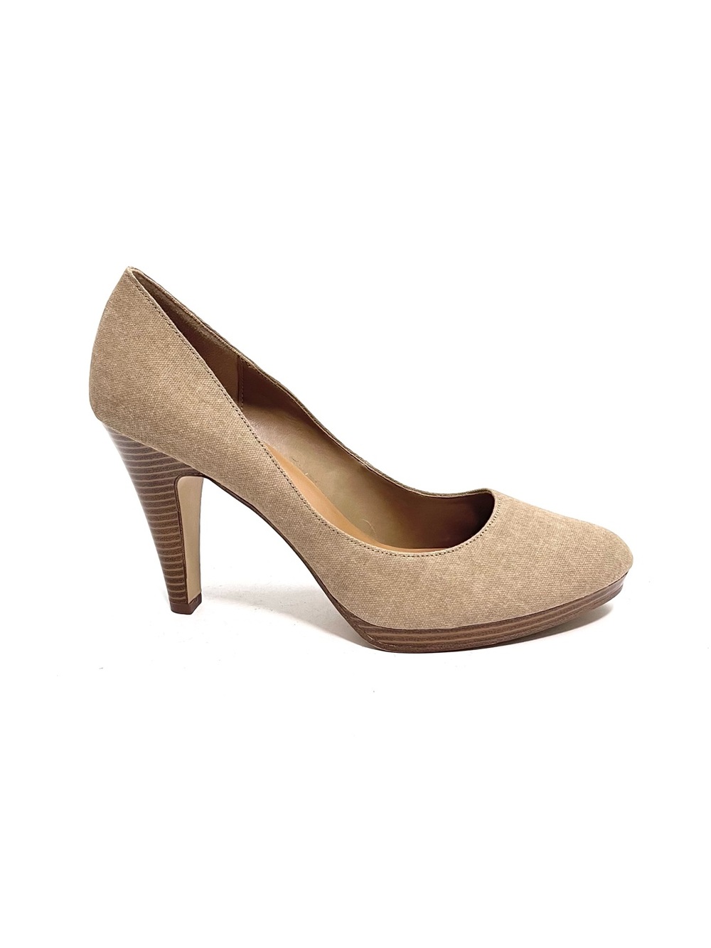 Vintage Y2K deadstock tan canvas fabric slip on platform pumps